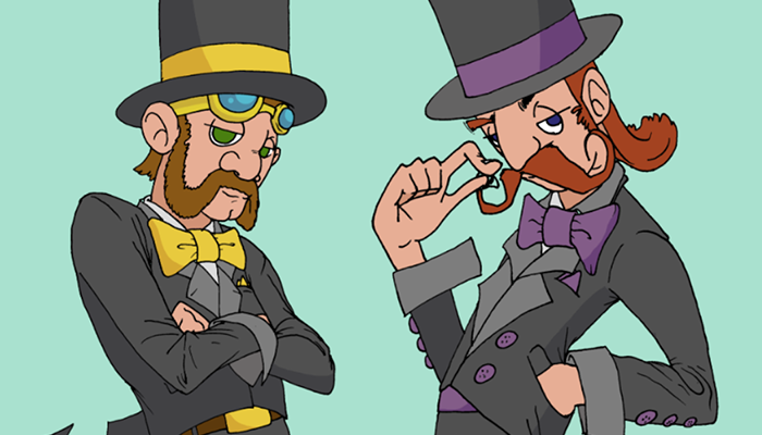 An illustration of two dapper gentlemen with long moustaches from the game Gyro Gents